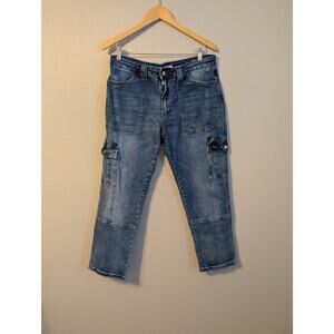 KanCan Cargo Jeans Womens 29 Blue Denim Mid Rise Med Wash Zip Fly Cropped